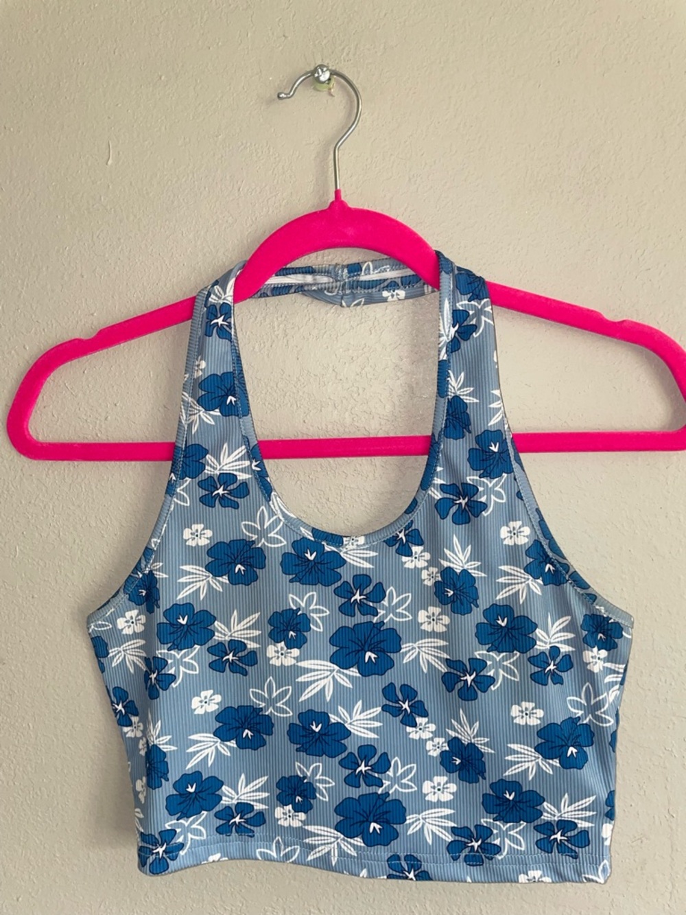 Blue Ribbed Floral tropical halter Crop Top Small